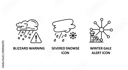 Winter storm warning icons: blizzard, snow, gale alert. Weather safety and alert symbols in clean outline style.