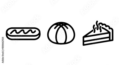 Bakery icons: eclairs, bread roll, slice of cake. Sweet and savory baked goods depicted in simple outline style.