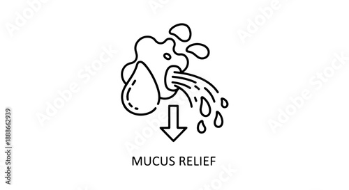 Mucus relief icon. Line art symbol representing coughing or sneezing with mucus and a downward arrow indicating relief.