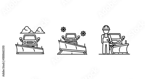 Snow plow vehicle and worker icon set for winter road maintenance and heavy snowfall clearing services.