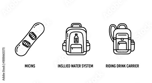 Winter outdoor activity icons: snowboard, insulated water backpack, and carrier for riding.