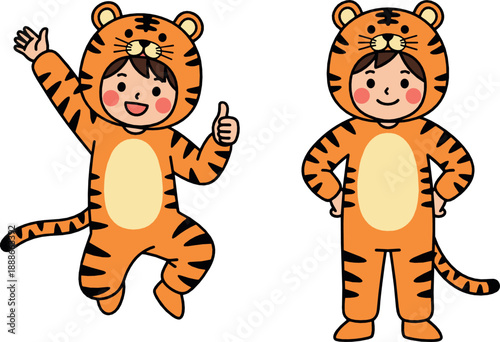 Cute kids in tiger costume vector set with happy cartoon children, playful animal outfit characters, fun jungle themed illustration