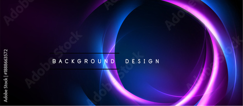 Abstract neon circles overlap dark background. Vibrant purple, blue hues create dynamic visual effect. Text reads background design.
