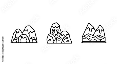 Majestic Mountain Landscape Line Icons for Outdoor Adventure, Travel, and Nature Exploration Designs