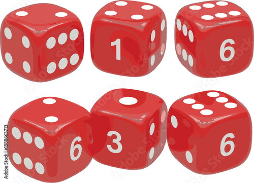 Red dice vector set with glossy casino game cubes, gambling symbols, board game elements, and realistic 3D gaming illustration