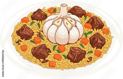 Wood logs and tree stumTraditional rice dish vector illustration with meat pieces, garlic and vegetables on plateTraditional rice dish vector illustration with meat 