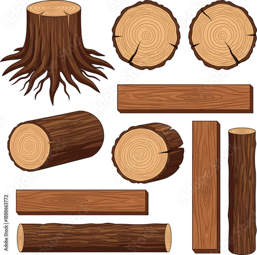 Wood logs and tree stump vector set with timber pieces and natural wooden textures