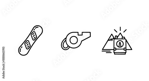 Winter Sports and Outdoor Adventure Gear Icons: Snowboard, Whistle, Backpack, and Mountain Landscape for Safety and Exploration