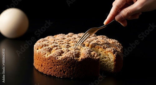 Irresistible golden crumb cake being served, a hand delicately cuts a piece with a fork, highlighting its rich texture