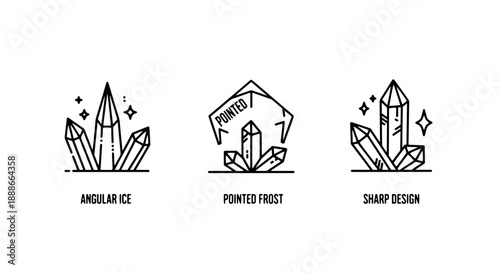 Elegant line art icons showcasing angular, pointed, and sharp crystal formations with a frosty and icy aesthetic, perfect for design elements.