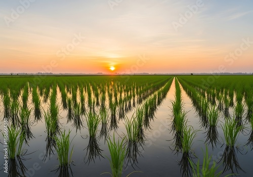 Tranquil rice paddy at sunset, serene rural landscape at twilight