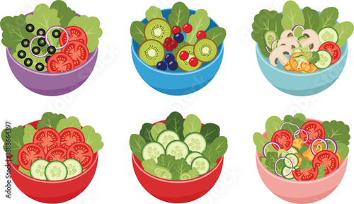 Healthy fresh salad bowls vector set with vegetables, fruits and organic food ingredients
