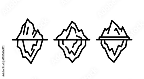 Set of abstract iceberg line art icons, depicting underwater and visible sections of frozen glacial masses, symbolizing hidden dangers and cold environments.