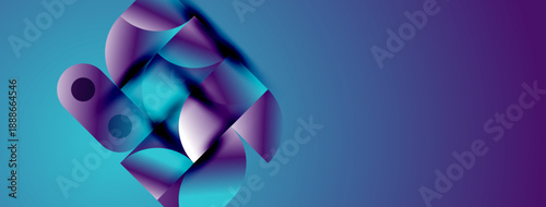 Abstract shapes blend, creating dynamic composition. Purple, turquoise hues dominate, suggesting fluidity, movement. Modern design element.