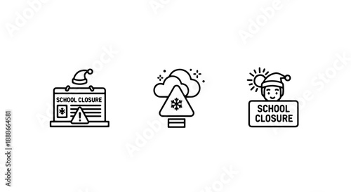 Essential line art icons illustrating school closures due to winter weather conditions like snow and cold, depicting warnings and safety concerns.