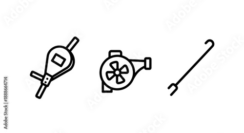 Set of Industrial Tools and Mechanical Equipment Icons, Featuring a Wrench, Turbine Fan, and Hooked Rod for Engineering and Construction Tasks