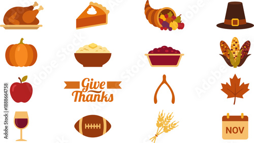Large Set of Flat Vector Icons for Thanksgiving Dinner and Harvest.