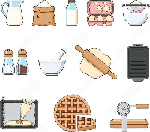 Baking ingredients and kitchen tools vector set with flour eggs rolling pin pie and cooking utensils isolated
