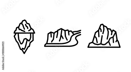 Collection of Mountain and Iceberg Line Icons: Alpine Landscapes, Frozen Peaks, and Roads Through Rocky Terrain for Nature and Travel