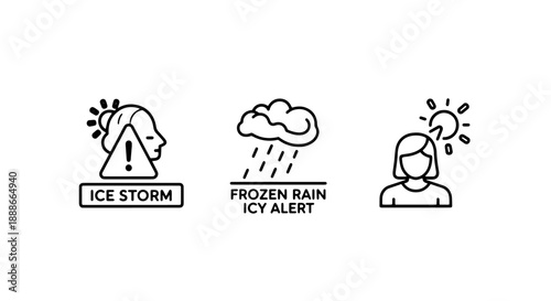 Winter Weather and Ice Storm Alert Icons: Warning Sign with Person, Frozen Rain Clouds, and Girl in Sun for Icy Conditions