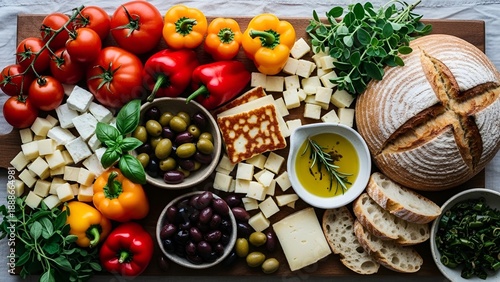 Delicious food platter with fresh vegetables, cheese, bread and olives