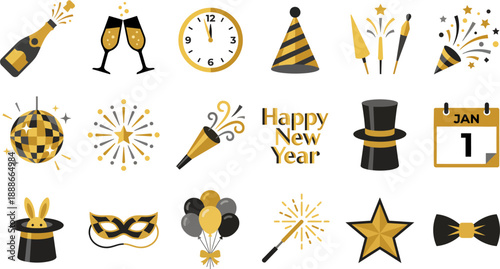 Large Set of Flat Vector Icons for New Year's Eve Party.