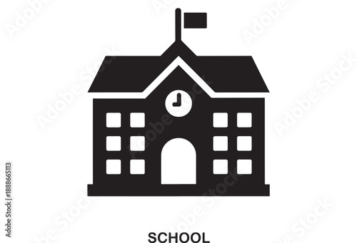 Simple black icon of a school building with a flag on top, a clock, arched entrance, and square windows, on a white background.
