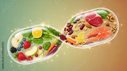 Healthy food concept: fruits, vegetables, meat, fish, nuts, beans inside capsule