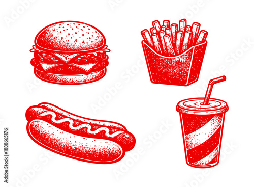 Fast food collection featuring burger, fries, hot dog, and drink