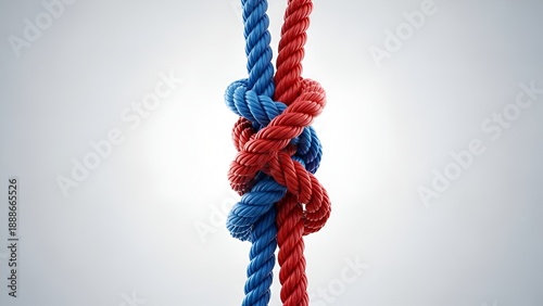 intertwined ropes, knot connection, teamwork concept, red and blue