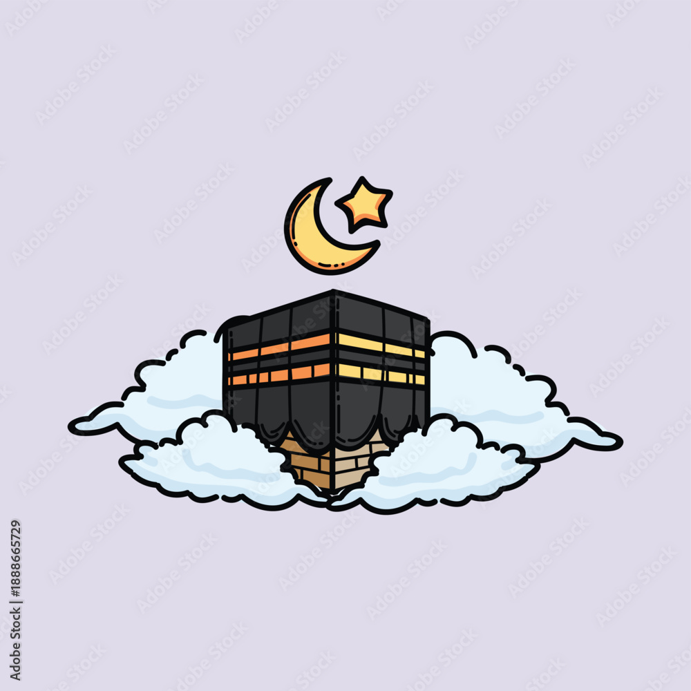 Fototapeta premium Dreamy Night Kaaba Floating On Clouds With Crescent Moon And Star Illustration. Ramadan Theme