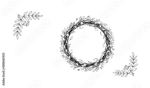 Botanical wreath and border vector invitation card with herbal twigs and leaves for wedding design