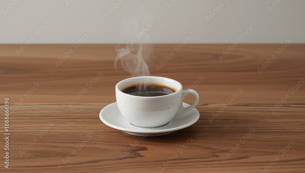 Obraz premium Steaming black coffee in white ceramic cup on wooden table, warm inviting morning beverage
