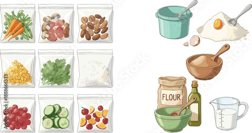 Food ingredients and cooking preparation vector set with vegetables flour bowls and kitchen measuring tools isolated