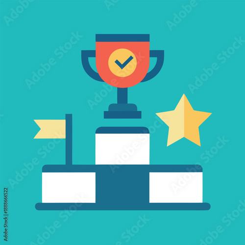Success Achievement Trophy Icon with Podium and Star, Flat Vector Illustration