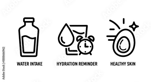 Outline Vector Icons for Water Intake, Hydration Reminders, and Healthy Skin Care for Wellness, Beauty, and Daily Habits