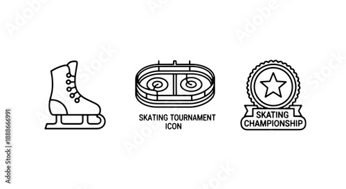 Outline Vector Icons for Ice Skating, Tournaments, and Championships, Representing Winter Sports and Competitive Activities