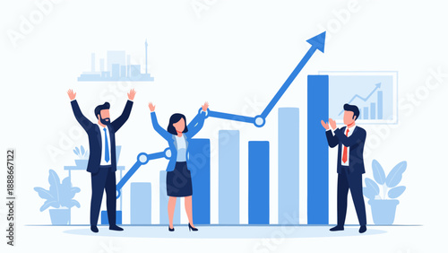 Vector illustration of business professionals celebrating success with graph growth chart in modern office environment from a straightforward viewpoint 137.eps