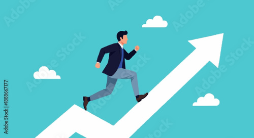 Business Man Running Up Arrow