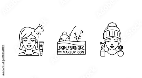 Skincare and Cosmetic Icons Set for Different Seasons and Skin Needs: Sun Protection, Natural Ingredients, and Winter Hydration