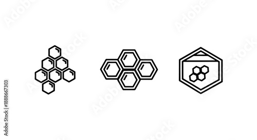 Geometric Honeycomb Pattern Icons: Abstract Hexagonal Shapes Representing Bees, Honey, and Natural Structures