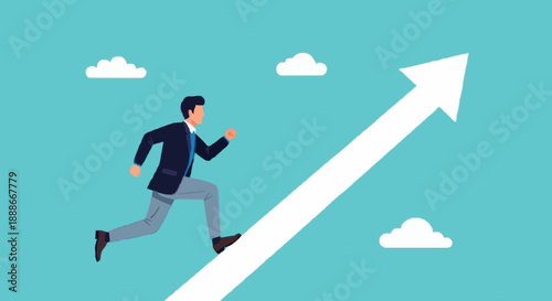Business Man Running Up Arrow