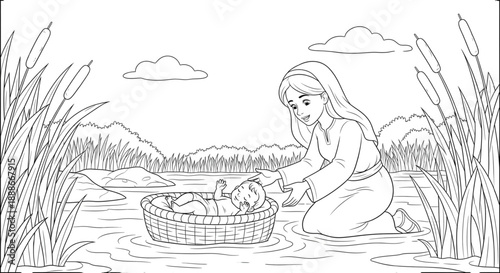Tender Woman Kneeling by River Discovering Baby in Basket Floating Among Reeds. Ancient Maternal Care Line Art.