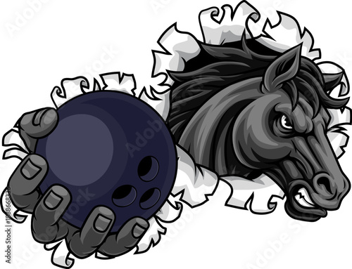 Horse mustang bronco stallion angry bowling sports team mascot holding a ball.