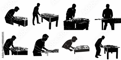 A collection of black silhouettes showing men actively playing foosball or table soccer, isolated on a white background, representing competitive and leisure gaming.