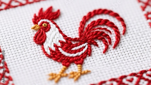 Embroidered Rooster on White Fabric