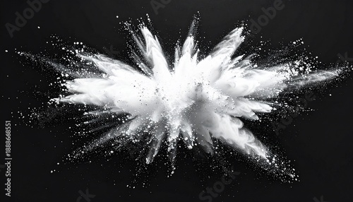 A black and white image of a dynamic cloud of white powder exploding outwards