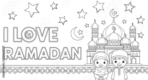 I Love Ramadan Coloring Page Happy Muslim Kids Mosque Islamic Holiday Activity for Kids Education