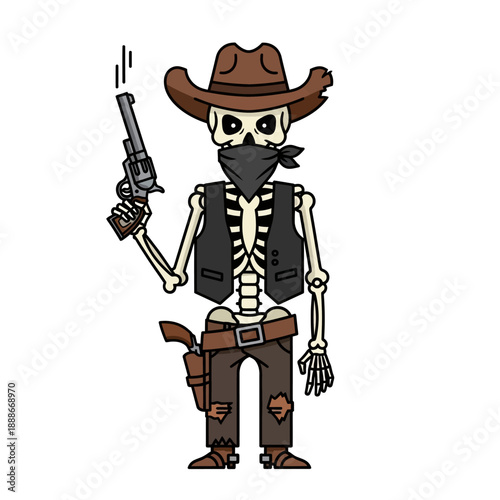 Cartoon Skeleton Cowboy Firing Revolver, Western Bandit, Cute Spooky Character