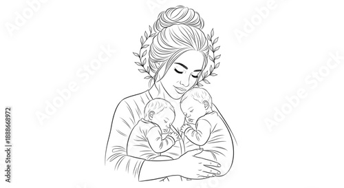 Mother Cradling Twin Babies Line Art. Loving Family, Maternity, and Childcare Illustration